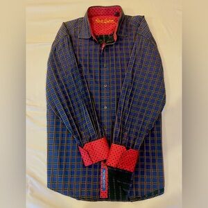 Robert Graham Blue Plaid Button Down Shirt Contrast Polka Dot Lining 2XL